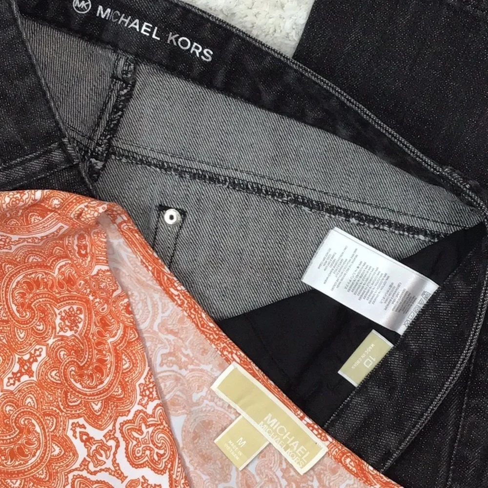 Michael Kors black bootcut jeans + MMK top